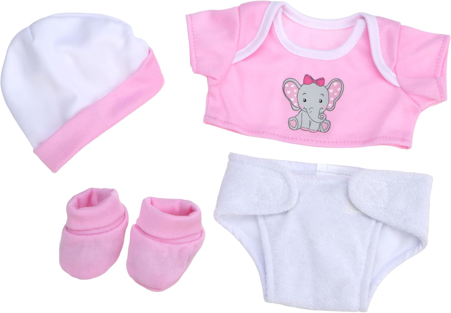 JC Toys Adorable Elephant 4-Piece Layette Set for 12-14 Inch Baby Dolls - Pink T-Shirt, Cap, Booties & Diaper