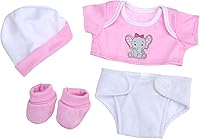 JC Toys Adorable Elephant 4-Piece Layette Set for 12-14 Inch Baby Dolls - Pink T-Shirt, Cap, Booties & Diaper