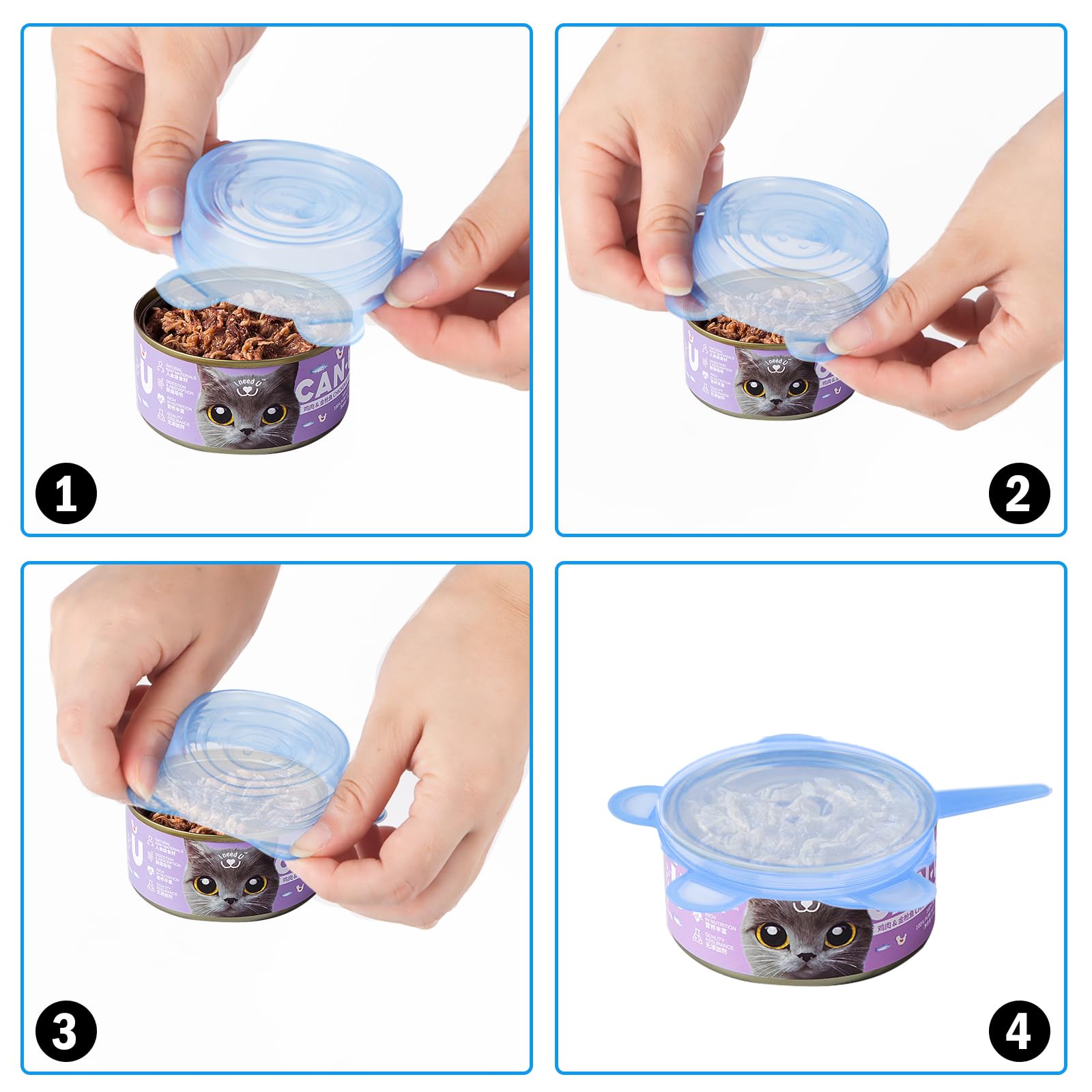 Lot de 8 Couvercles de Boîtes de Nourriture pour Chat, Couvercle en Silicone Extensible Diamètre 6,5 cm-8,5 cm Couvercle en Silicone Pour Boîtes de Nourriture pour Chat