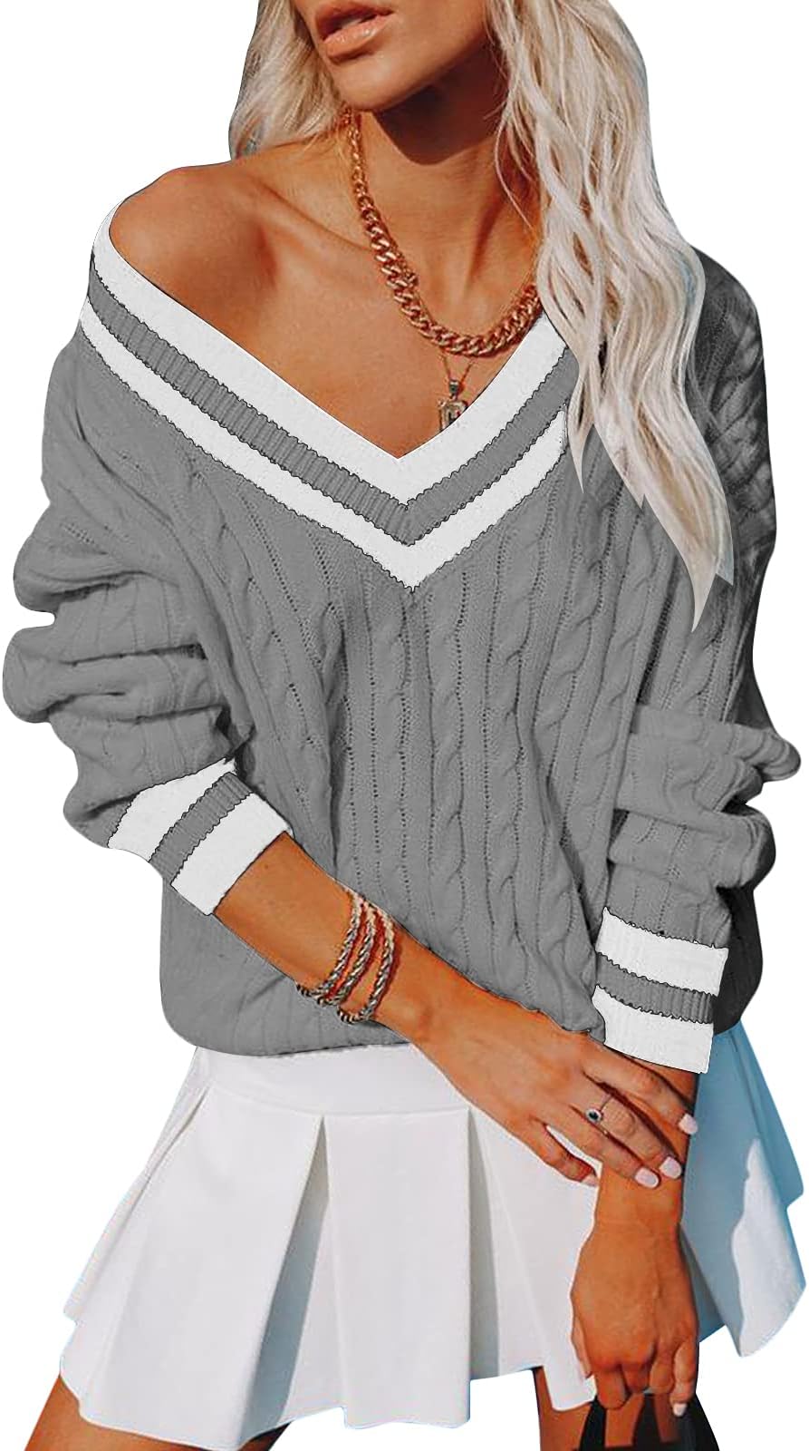 V Neck Sweater for Women Long Sleeve Knit Pullover Casual Loose Jumper Tops Oversized Knitwear Vintage Preppy Streetwear