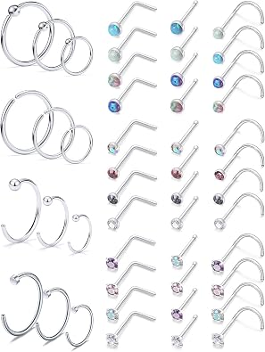 SCERRING 22 Gauge Nose Rings Hoop Stainless Steel Bone L Shaped Screw 1.5-4mm Opal CZ Nose Studs Cartilage Daith Tragus Ear Piercing Ring Hoop Body Jewelry Set