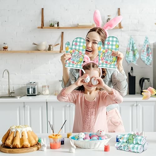 Miniatura 4 de VitalCozy Juego de 8 toallas de cocina de Pascua, guantes de horno y soporte para ollas, diseño floral de conejo de Pascua, flores de primavera, a