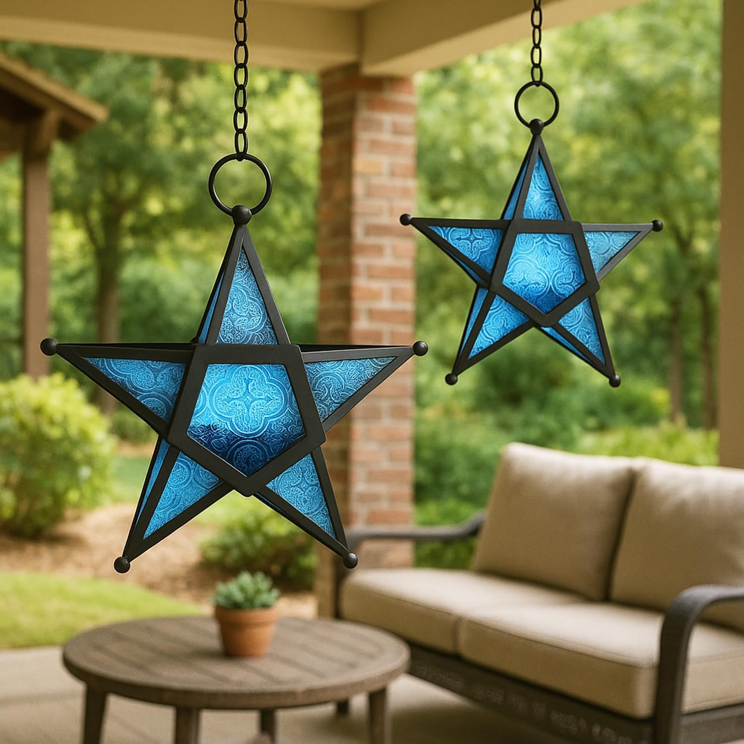 Vela Lanterns Decorative Hanging Star Candle Lanterns, Blue, Set of 2
