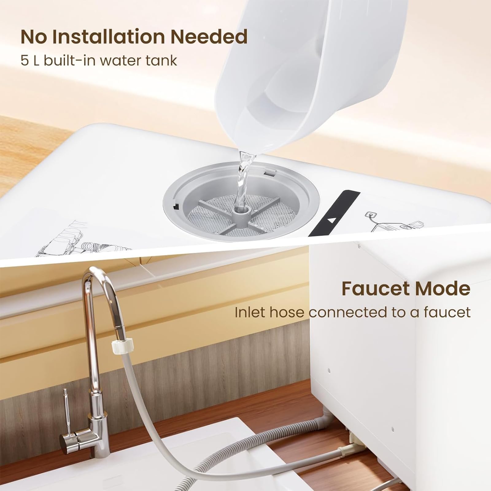 Lavavajillas De Sobremesa,Minilavavajillas Sobremesa Compacto 5L,Con Brazos Rociadores 360°,DiseñO Para Encimera,Cuenta Con Doble Modo Suministro Agua Control TáCtil,Ideal Familias PequeñAs Parejas(46