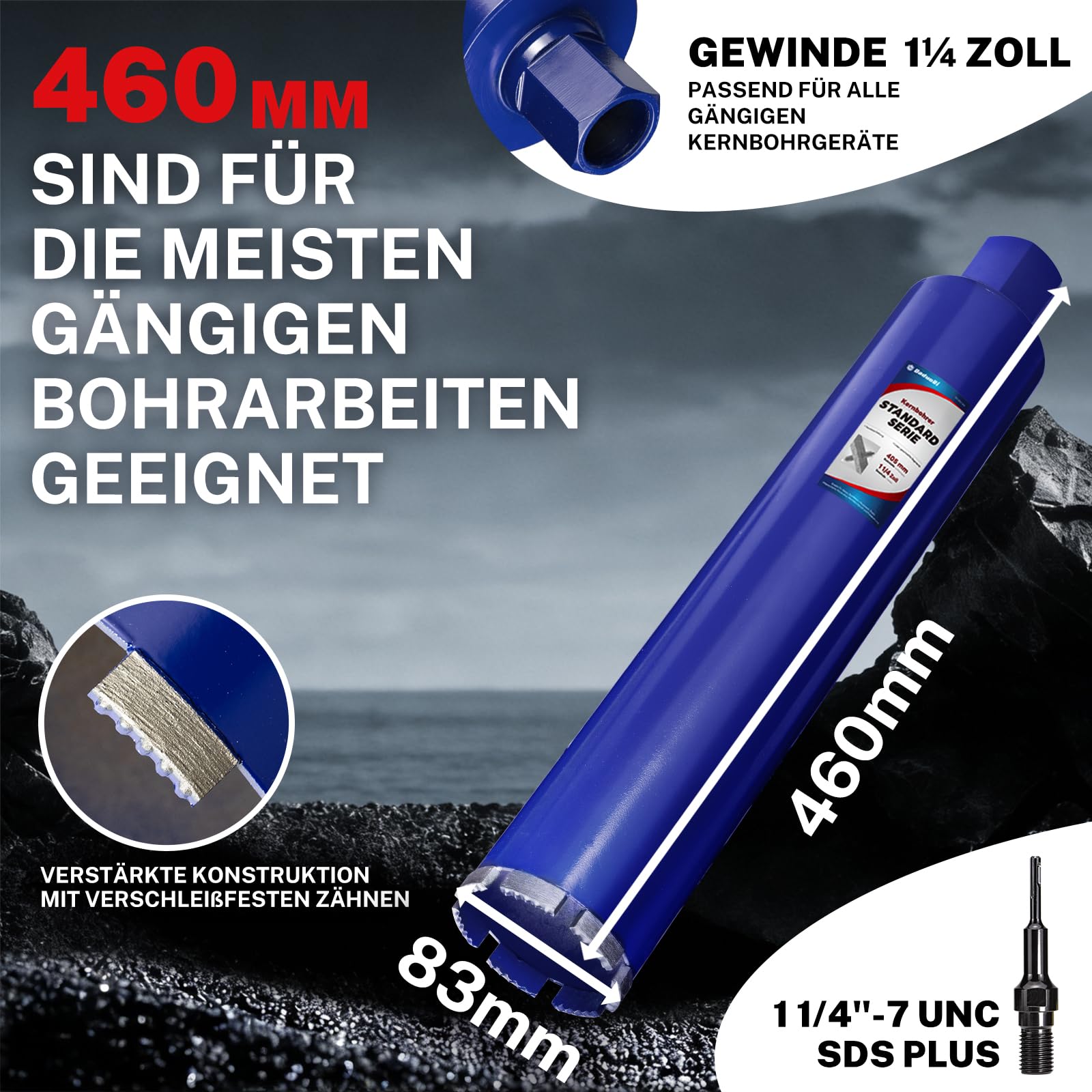Wiertło rdzeniowe 83 mm z SDS Plus (1-1/4 cala) – głębokość cięcia 410 mm – wiercenie na mokro diamentowa koronka wiertnicza do zbrojonego betonu, kamienia, cegły, muru (łącznie 460 mm)