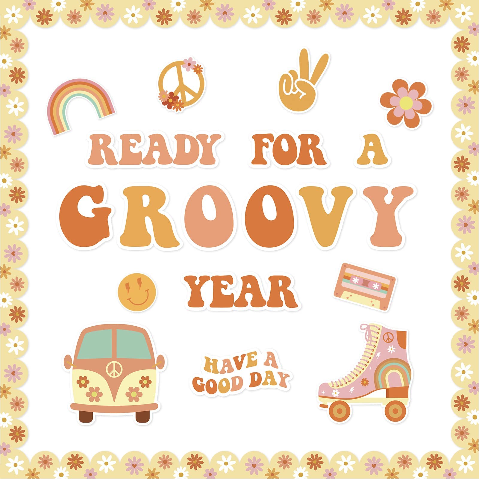 Bulletin Board Kit Retro Boho Ready for A Groovy Year Hippie Decoration Set Smile Face Have A Good Day Cutouts Daisy Groovy Back to School Wall Decor for Classroom School Office 48PCS