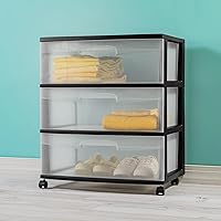 Vista 4 de Carrito de almacenamiento de plástico ancho de 3 cajones, cajones extraíbles transparentes con asas, color negro