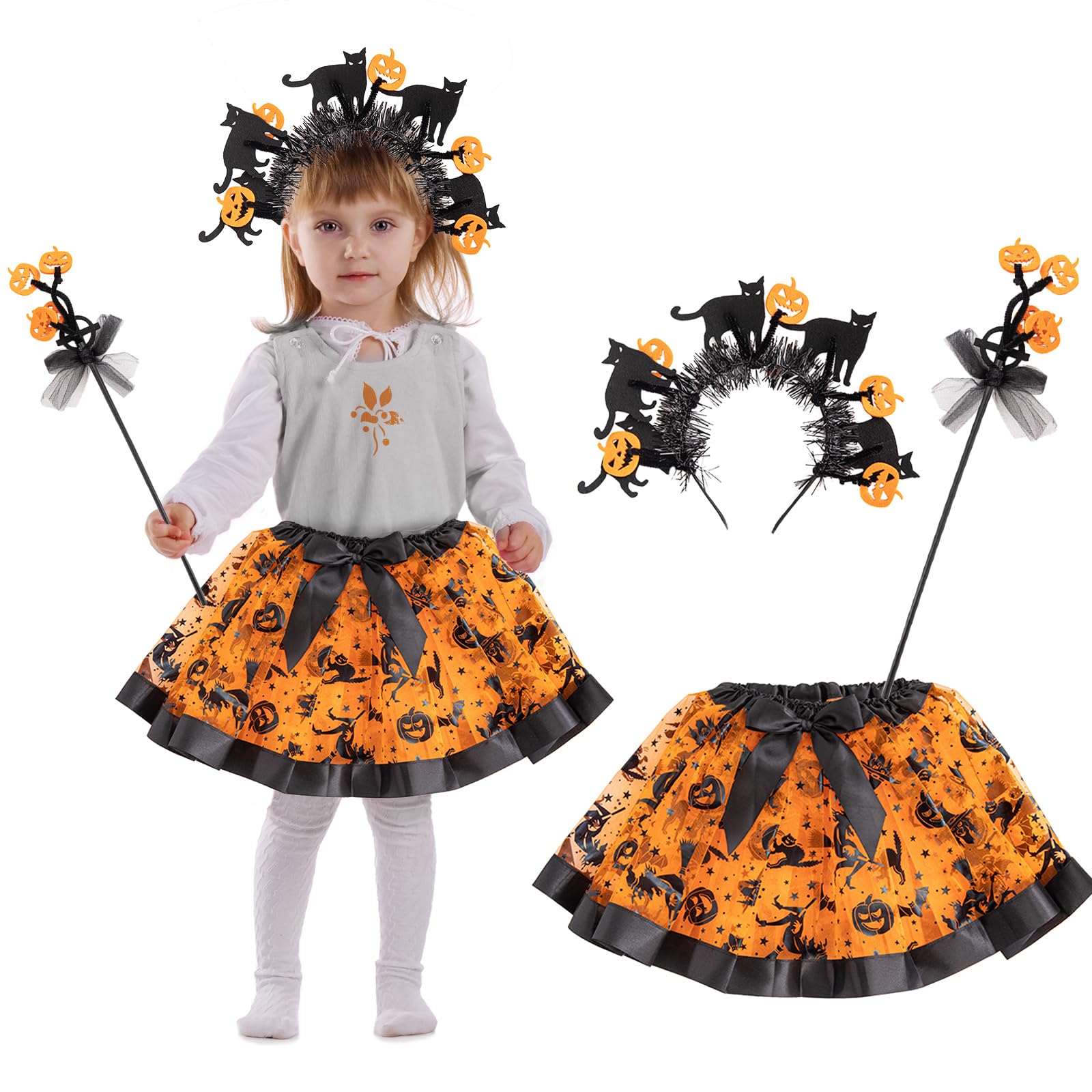 Bseical Disfraz Halloween Niña Bruja, Falda Corta y Varita Set, Conjunto de Halloween Fiesta, Vestido de Demonio Tutú, Bruja Halloween Disfraces Fiesta Carnaval Mago Fairy Gorro Tutu