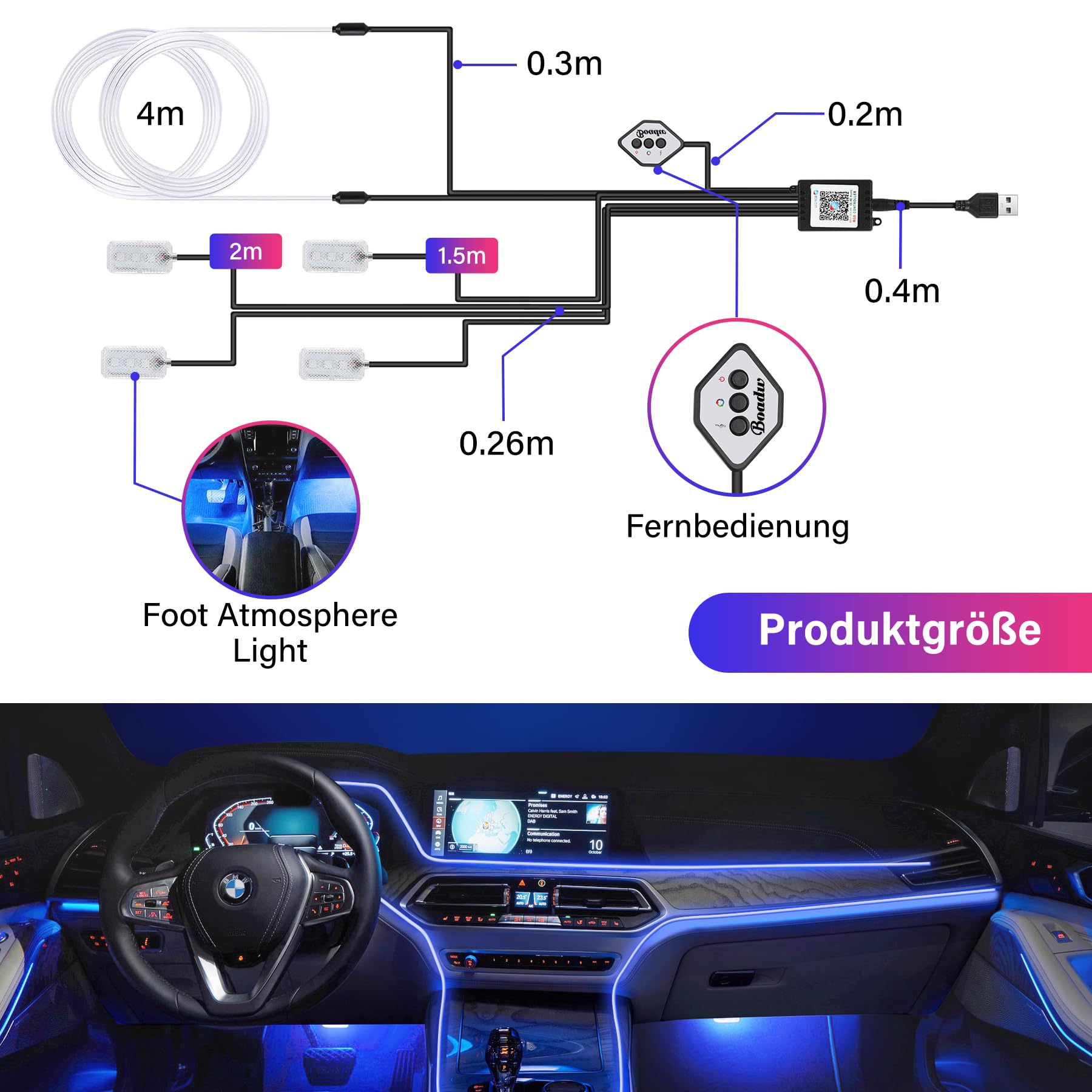 Illuminazione LED per interni auto, 5-12 V, 4 pezzi, RGB, striscia da 4 m, controllo tramite app o tasti, luce neon da ambiente, con USB, funzione a ritmo di musica