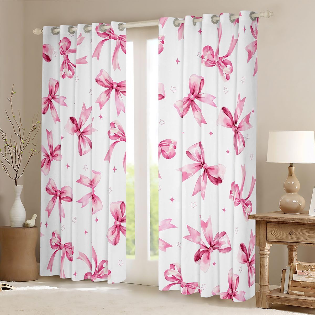Homewish Akwarelowe zasłony zaciemniające z kokardą, 132 x 160 cm, do sypialni, różowa, urocza kokarda, , zasłony na przelotkach do salonu, kawaii, wzór w gwiazdki, kreskówka, 2 panele
