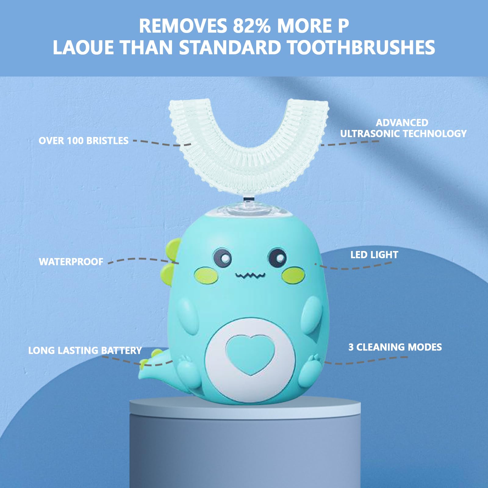 Cepillo de dientes ultrasónico 360º para niños, cepillo de dientes eléctrico con 2 cabezales de cepillo de silicona en forma de U, cepillo de dientes automático con luz LED y aspecto de dinosaurio