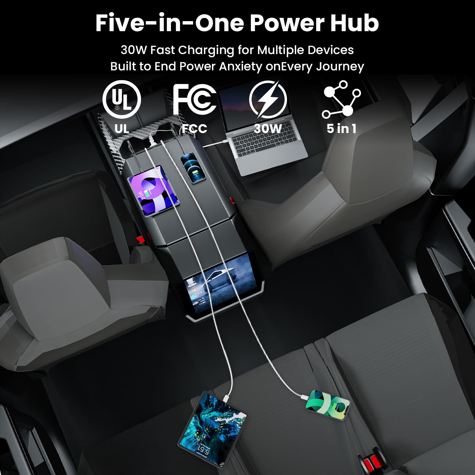Cybertruck Multi-Ports Hub USB do Cyber Truck 2023+, ukryta szybka ładowarka z chowanym kablem, podwójne porty USB-C, akcesoria do stacji dokującej (do Cyberbeast/AWD/Dual Motor AWD)