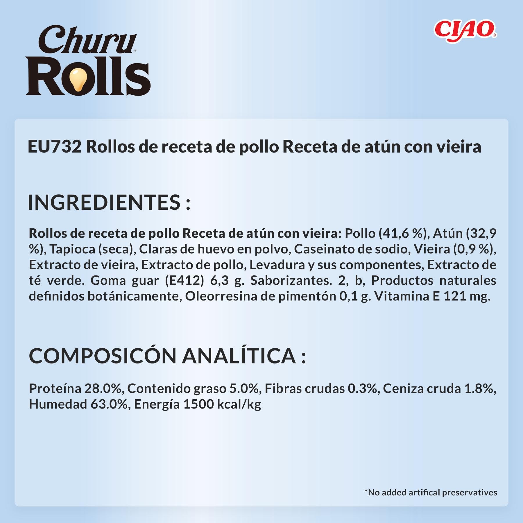 INABA Churu Rolls Gatos - Receta Saludable de Atún Recubierto de Vieira - Golosinas para Dar de Comer con la Mano - Deliciosos Snacks con Relleno cremoso - Atún Recubierto de Vieira - 480g (48x10g)