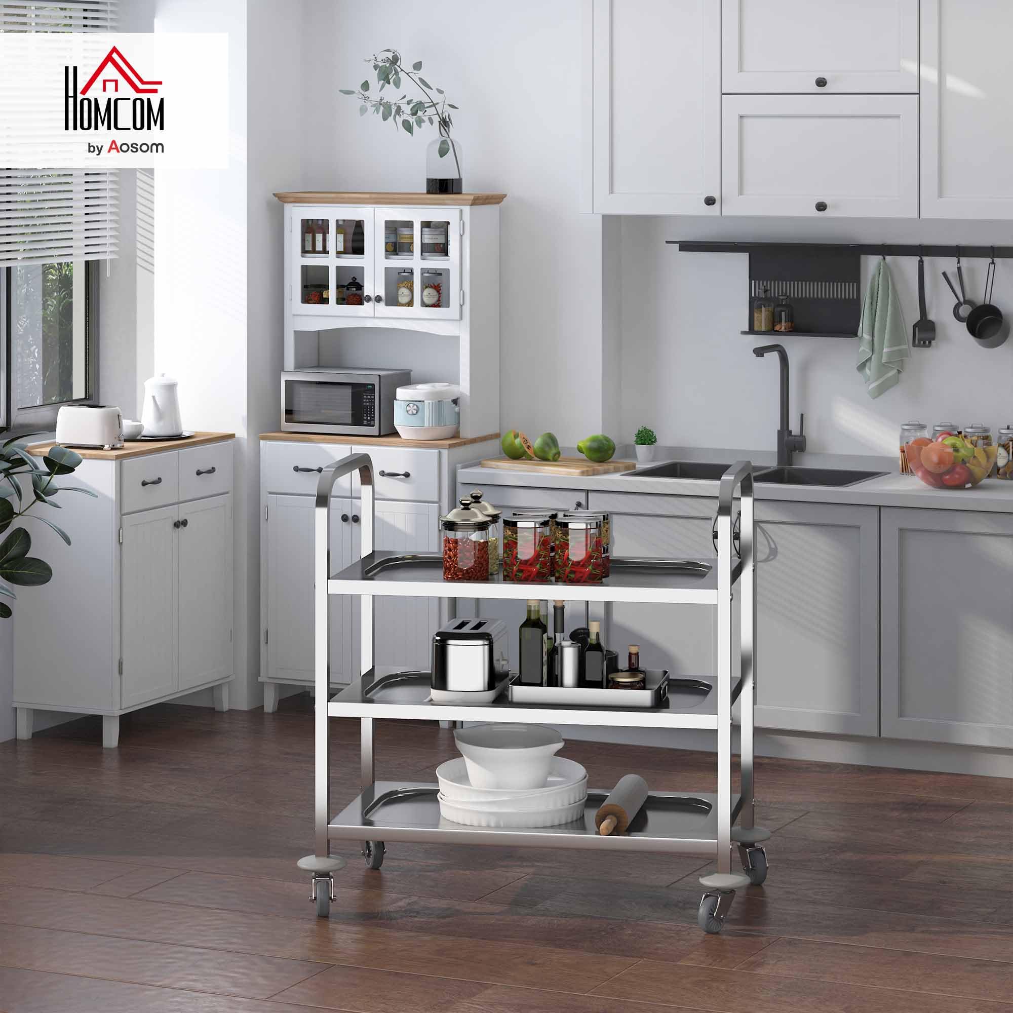 HOMCOM Desserte de Cuisine Chariot roulettes 90,5 x 50,5 x 88,2 cm Argenté | à 3 Étagères, Acier Inox., Cuisine et Salle à Manger