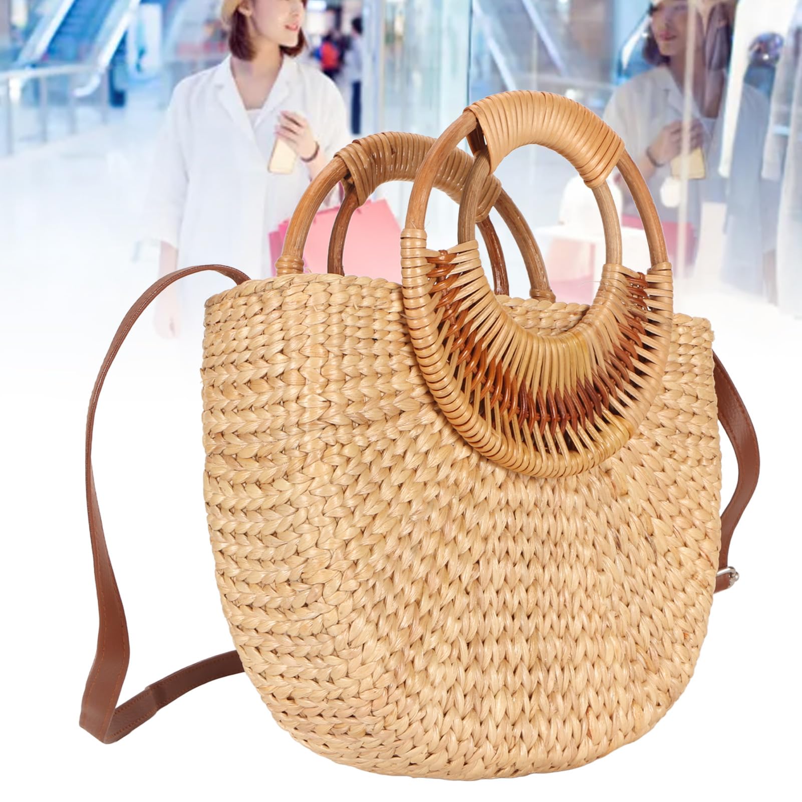Garsent Mode Weben Rattan Tasche für Frauen, Retro Kleine Halbkreis Handgewebte Stroh Schulter Tasche, Leicht, Langlebig
