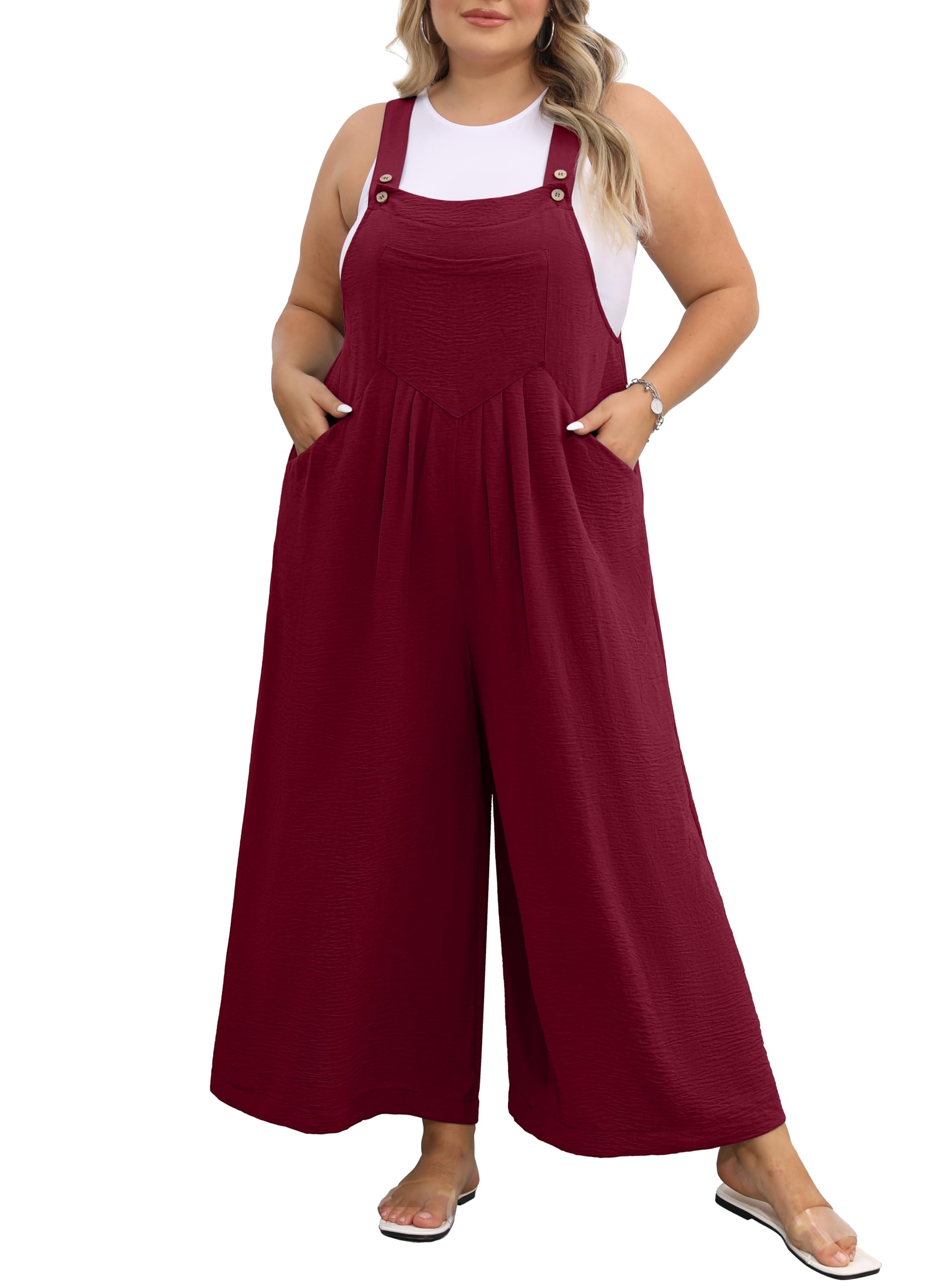 OLRIK Plus Size Jumpsuit for Women Wide Leg Adjustable Straps Romper Waist Loose Fit Overalls with Pockets Teacher Outfits