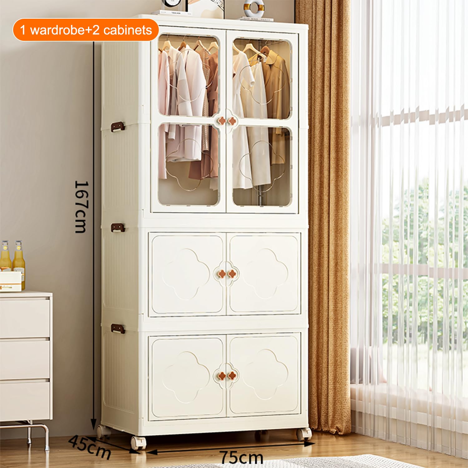 Armadio per vestiti, Sistema di Bloccaggio a Clip, ruote, Beige Chiaro (Ogni strato supporta 15 kg, Armadio a 2 scomparti da 75 cm, Guarda-Roba con 1 appendiabiti, 75 * 45 * 167 cm)