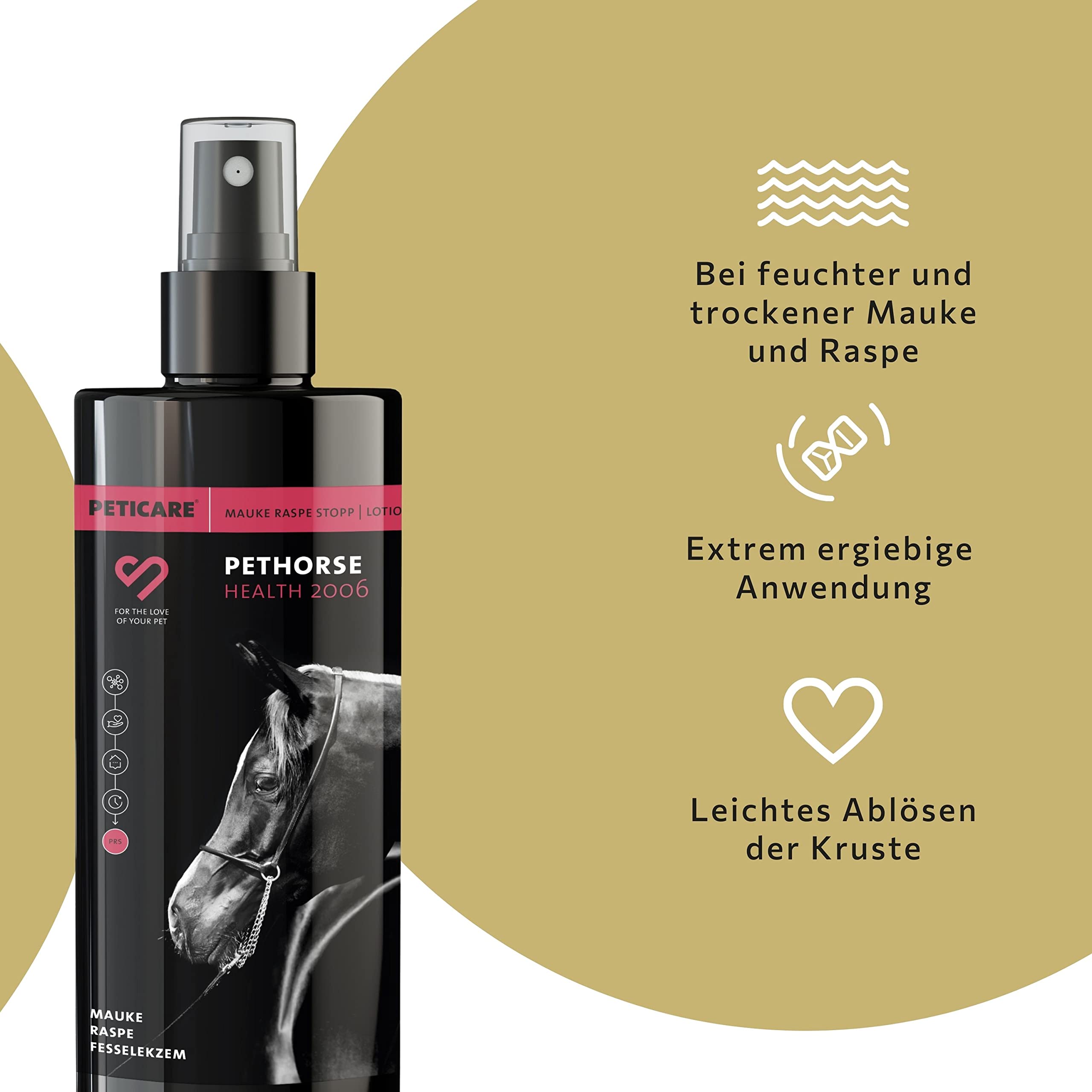 Peticare Spezial Mittel für Pferde | gegen Mauke Raspe Fesselekzem | lindert Verhärten, Austrocknen, fördert Regenerationsprozess | einzigartiges PRS® System für Lange Wirkung – petHorse Health 2006