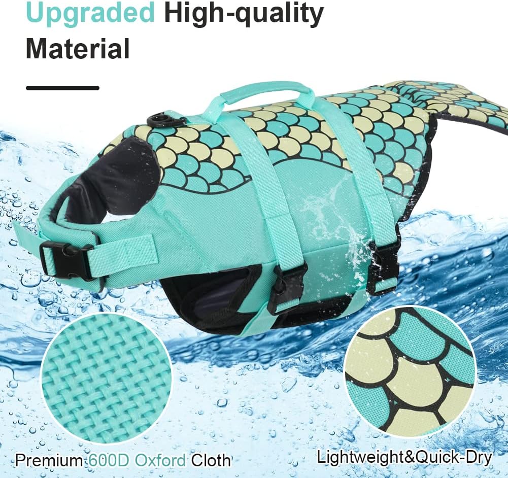 EMUST Dog Life Jacket Mermaid, Ripstop Dog Life Vests with Rescue Handle for Small Medium and Large Dogs, Pet Safety Swimsuit Preserver for Swimming Pool Beach Boating, (XS, Green) thumbnail