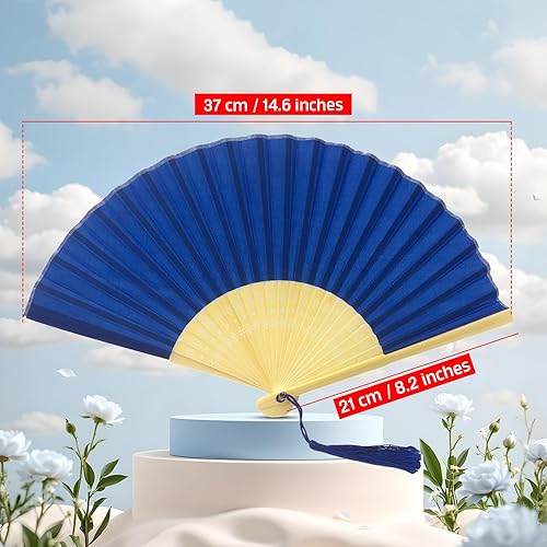 Miniatura 17 de FANSOF.FANS Abanico de mano plegable de mano de tela con borla de grado A, varillas de bambú para mujeres y niñas, fiesta de verano, eventos, Azul