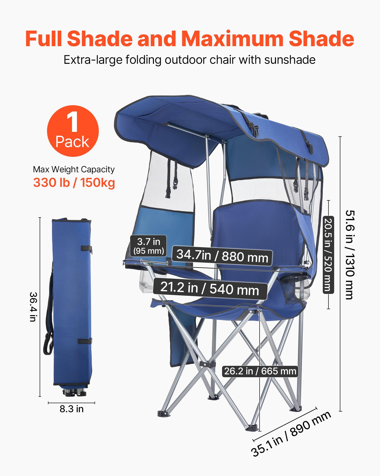 VEVOR Chaise de Camping Pliante avec Auvent, Fauteuil Pliable Camping Charge Maximale 150 kg, pour Pique-Nique Randonnée Pêche en Plein Air, avec Porte-gobelet et Pochette pour Magasines, Bleu Foncé