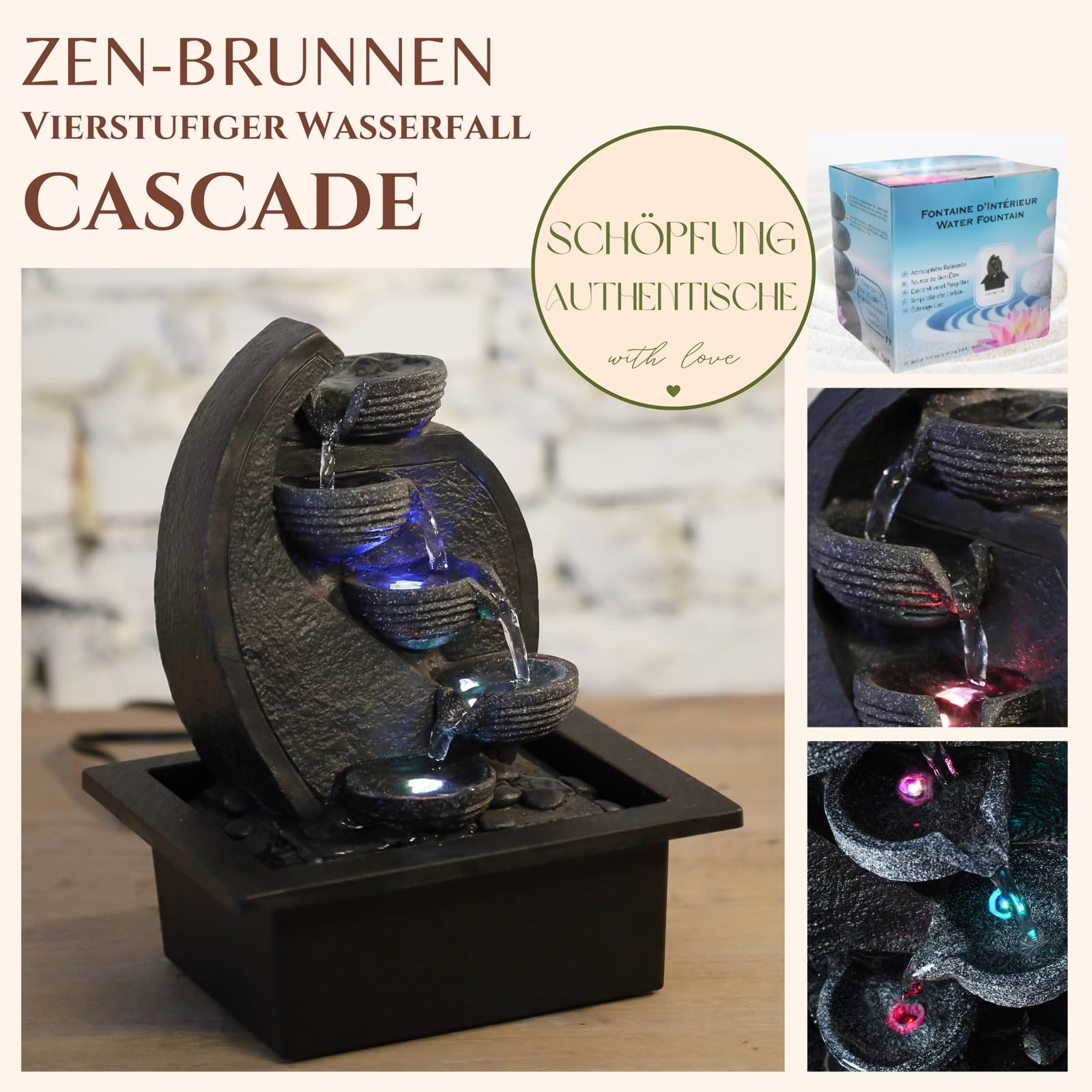 Zen'Light - Zimmerbrunnen Wasserfall V2 4 Ebenen in Natursteinoptik mit farbigem LED-Licht - Moderne Zen Tischdekoration, Ideal für Meditation und Entspannung - H 26 cm