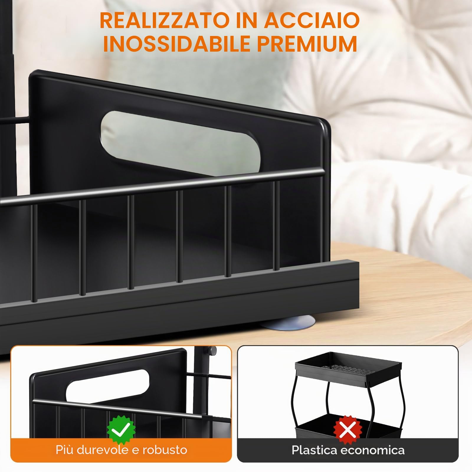 Confezione da 2 organizer da cucina sotto il lavello, 2 ripiani regolabili in altezza, in metallo, estraibile, per cucina e bagno, con ganci e tazza per appendere i prodotti per la pulizia