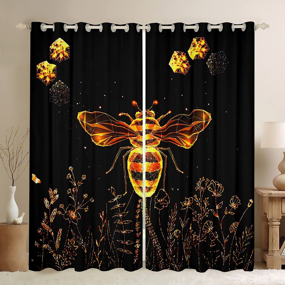 Loussiesd Bee Curtain 3D Animals Darkening Window Drapes for Bedroom Golden Bee Blackout CurtainsFloral Window Treatments W66*L72
