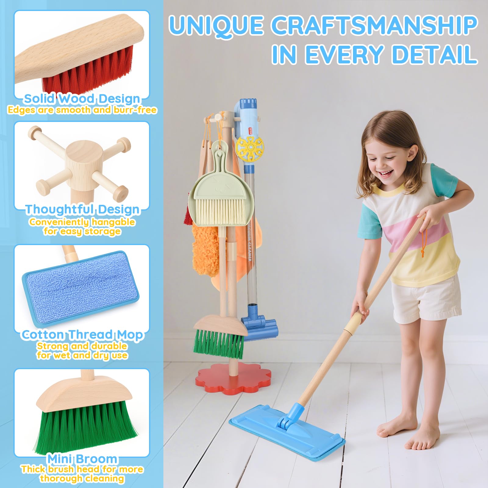 Dreamon Aspirapolvere per bambini con aspirazione e funzione audio, 11 set di pulizia per bambini, giocattolo in legno, scopa per bambini a partire dai 3 anni in su