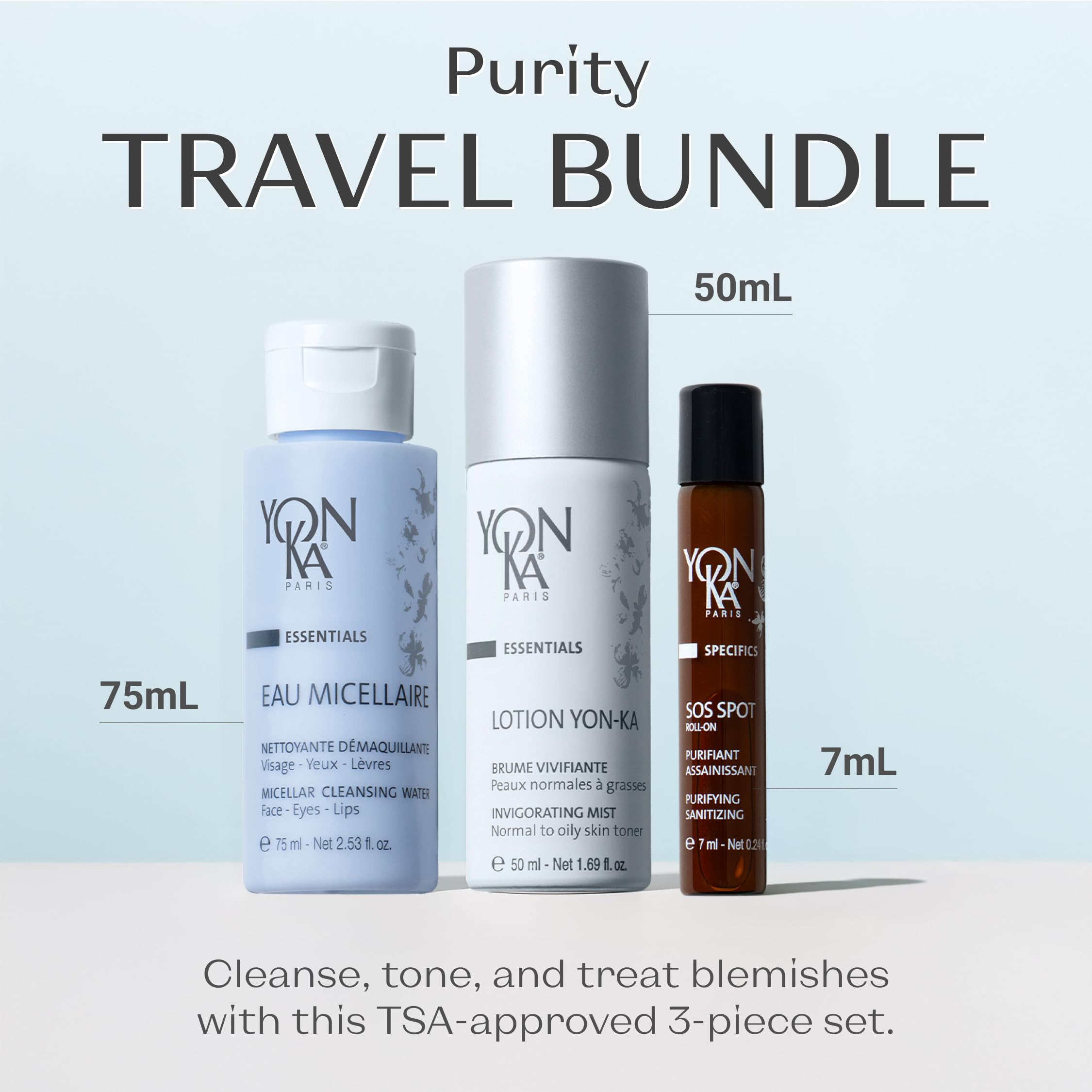 Yon-Ka Purity Travel Set | SOS Spot Roll-On, Eau Micellaire & Lotion Toner | Essential Kit to Cleanse, Purify, Tone & Hydrate Skin | For Dry or Sensitive Skin | 3-Piece Travel Size Set