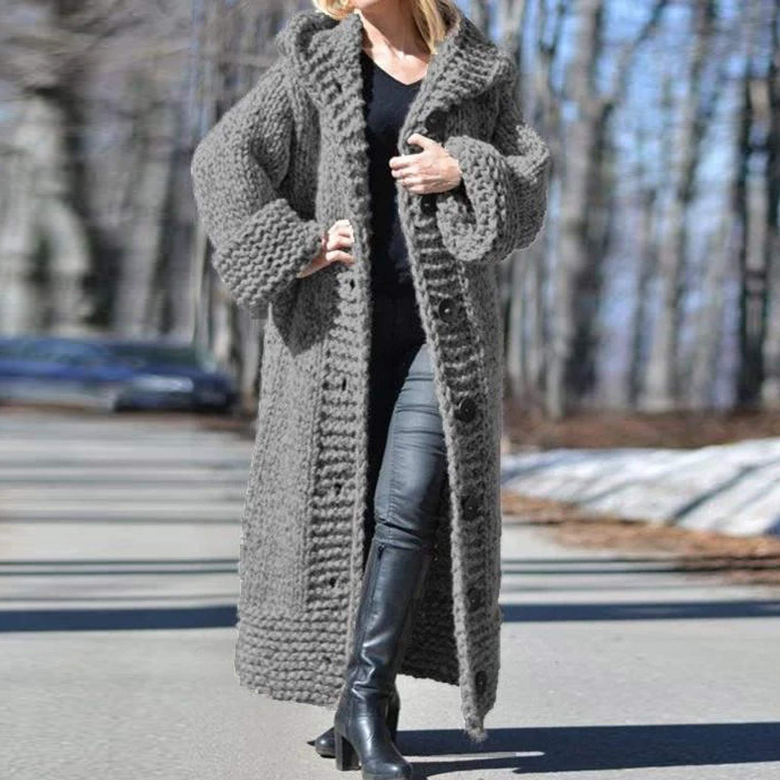 Cardigan pour femme en grosse maille - Manteau en polaire tricoté pour femme avec capuche, long manteau en tricot à boutons - Pull en tricot à manches longues - Chaud - Open Front - Uni - Veste de