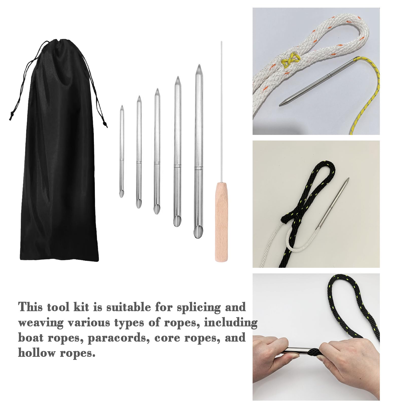 SOUUXIU Seilspleißwerkzeug-Set Seilspleiß-Set, 6-in-1 Edelstahl Flechtset für Seile Schnelles Wiederherstellen Spleißen enthält Doppelt Geflochtener Öse 1/4 5/16 3/8 7/16 1/2 und