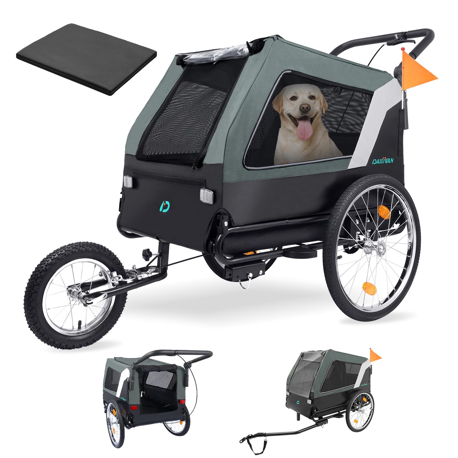 Rimorchio Bicicletta per Cani fino a 45KG, 3 in 1 Passeggino Carrozzina Cane Taglia Grande Media con Comodo Cuscino, Tessuto Oxford Ispessito, Freno Multiplo, Gancio di Traino per Bicicletta