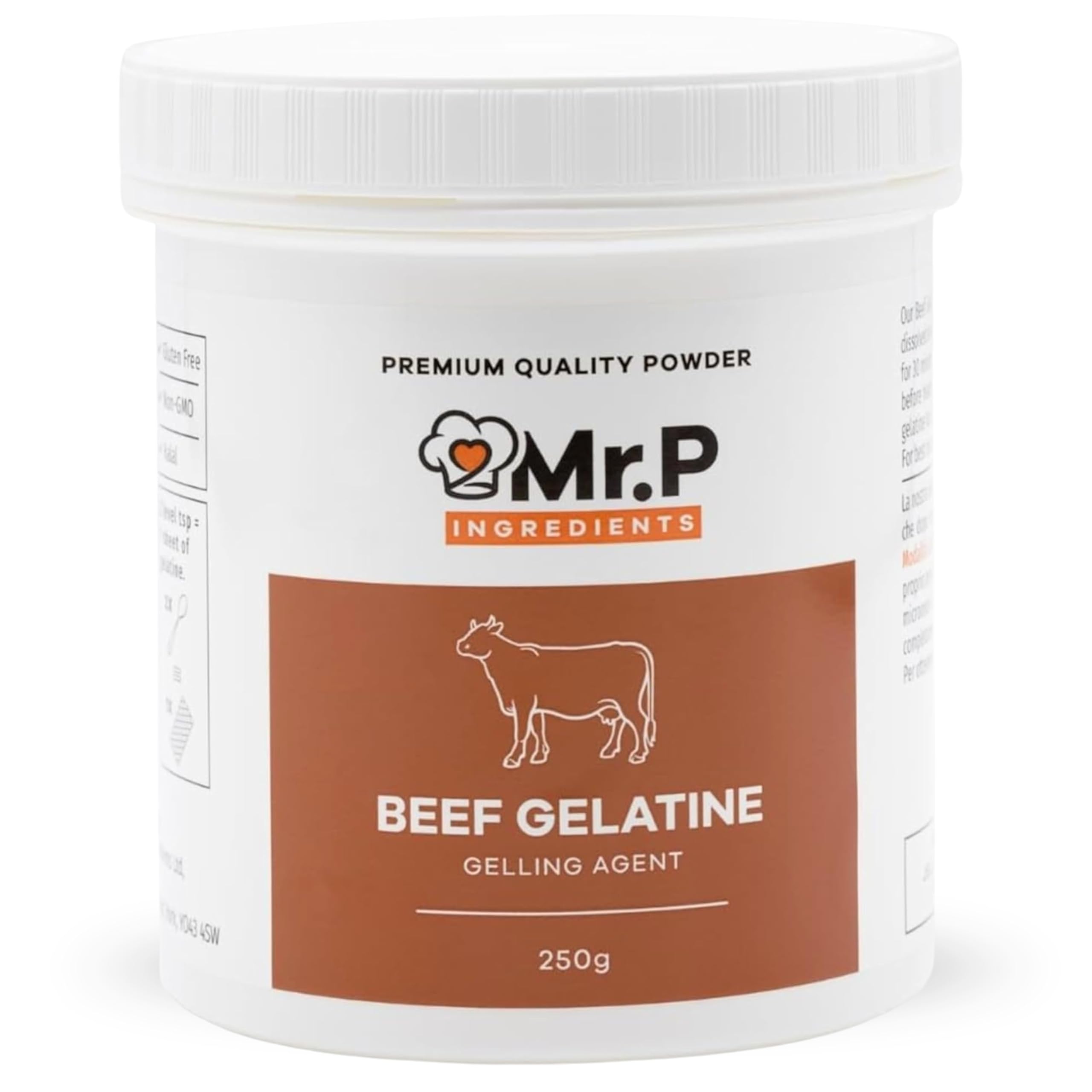 Mr.P Ingredients Rindergelatine Pulver 250g, Premium-Qualität, Bloom 250, Ideal für Desserts Marshmallow, Halal Gelatine Pulver, Zuckerfreie, Glutenfrei, Ohne Gentechnik