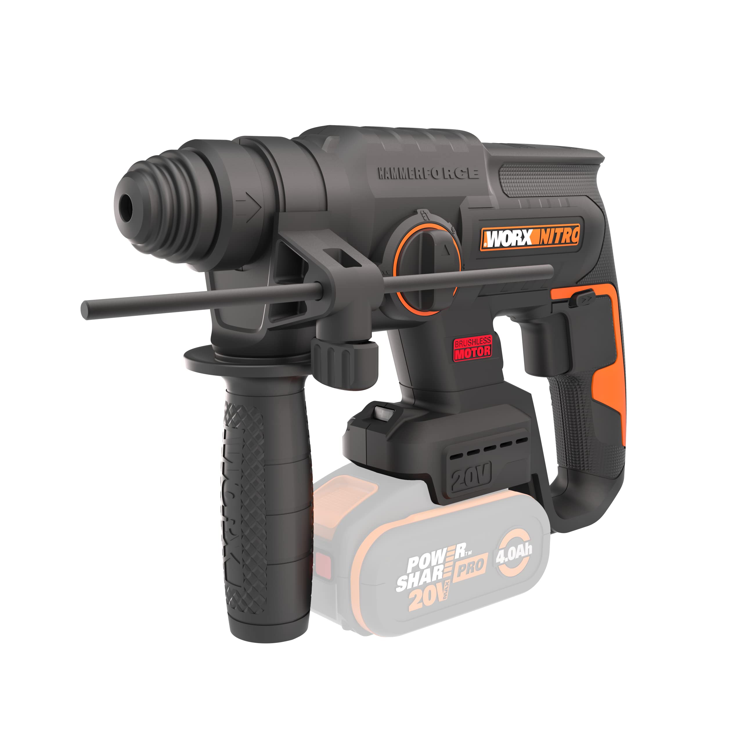WORXNitro 18V (20V MAX) Cordless Rotary Hammer Drill, PowerShare, Brushless Motor, SDS Plus, Max. Impact Energy 2.0 J, 3 Functions, Anti-Vibration, Bare Tool Only, WX381.9