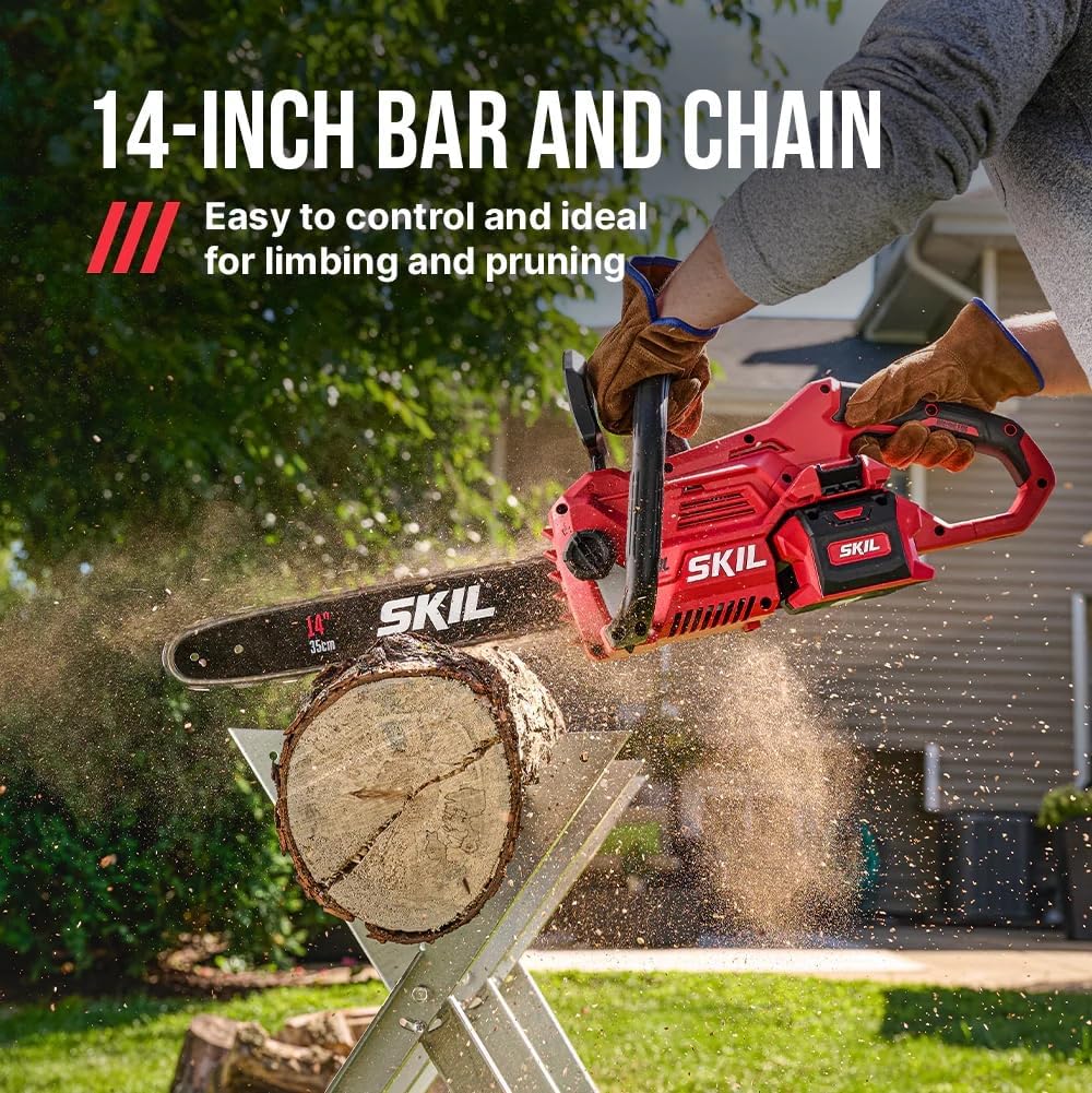 SKIL PWR CORE 40 Brushless 40V 14” Lightweight Chainsaw Kit with Tool-free Chain Tension & Auto Lubrication, Includes 2.5Ah Battery and Auto PWR Jump Charger - CS4555-10