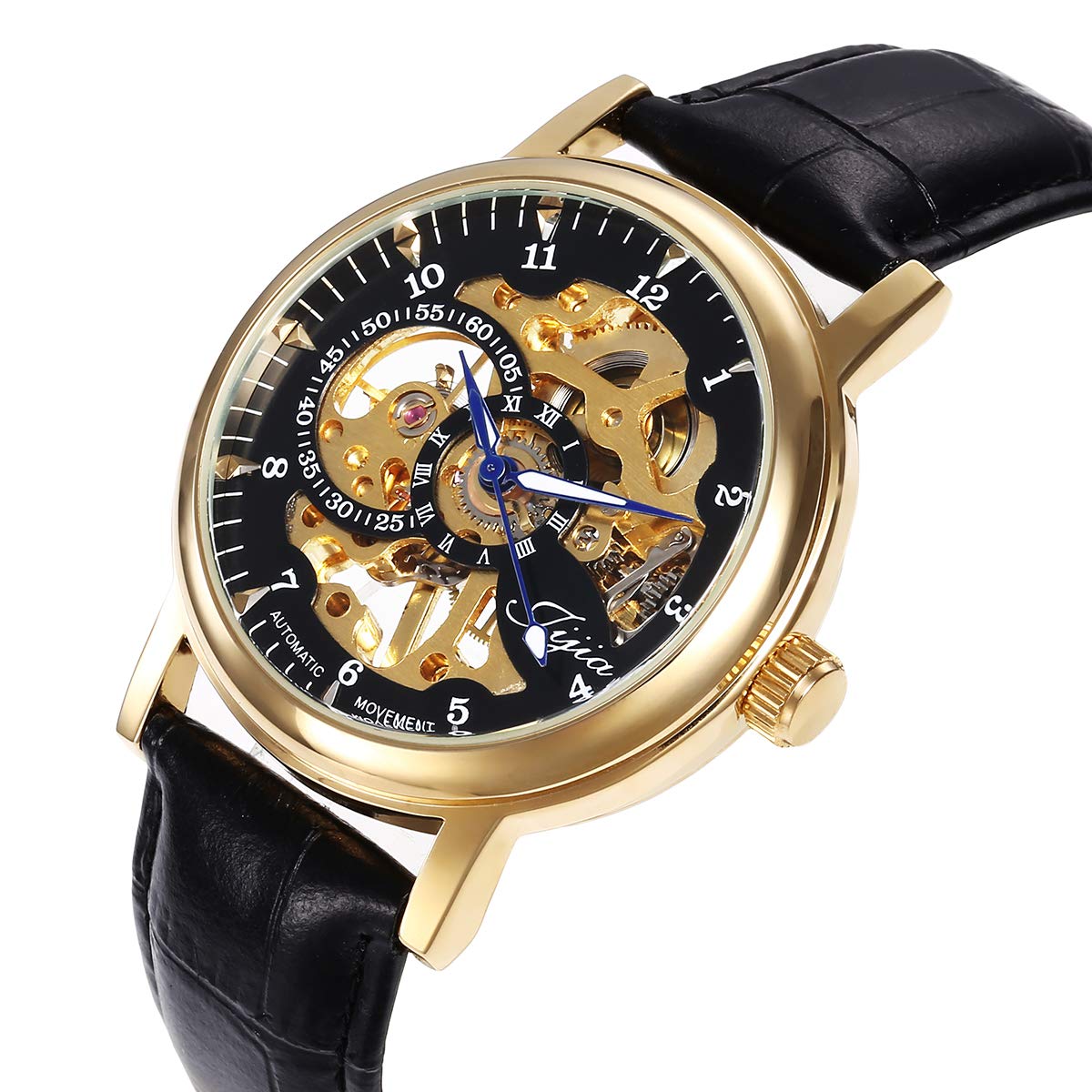 Damen Totenkopfuhr Mechanischer Handaufzug Leder Band Armbanduhr Schwarz