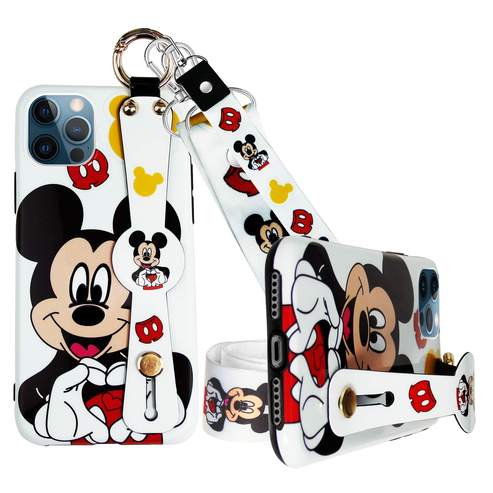 GONGFF Phone Case Compatible with iPhone 12 and iPhone 12 Pro, Cartoon Cute Personalized Full Protective Phone Cover with Wrist Strap and Lanyard for iPhone 12 and iPhone 12 Pro 6.1 Inch (Mick Love)