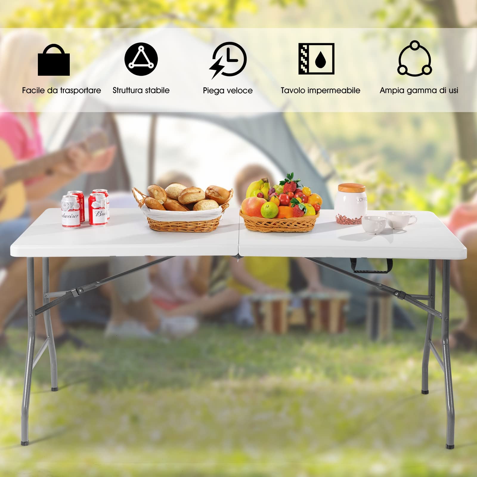 GYMAX Tavolo da Campeggio a Valigetta in Acciaio, Tavolo da Picnic Pieghevole e Portatile, Con Piano Impermeabile, Maniglie e Cuscinetti Antiscivolo, con Portata di 150 kg, 153 x 74 x 73 cm