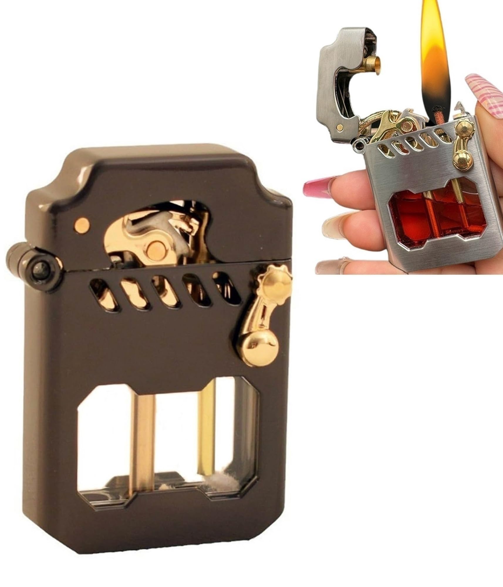 Windproof Old-fashioned Kerosene Lighter Refillable Lighter Pure Copper with Rocker Ignition visual fuel window Leak-proof Oil(Black)