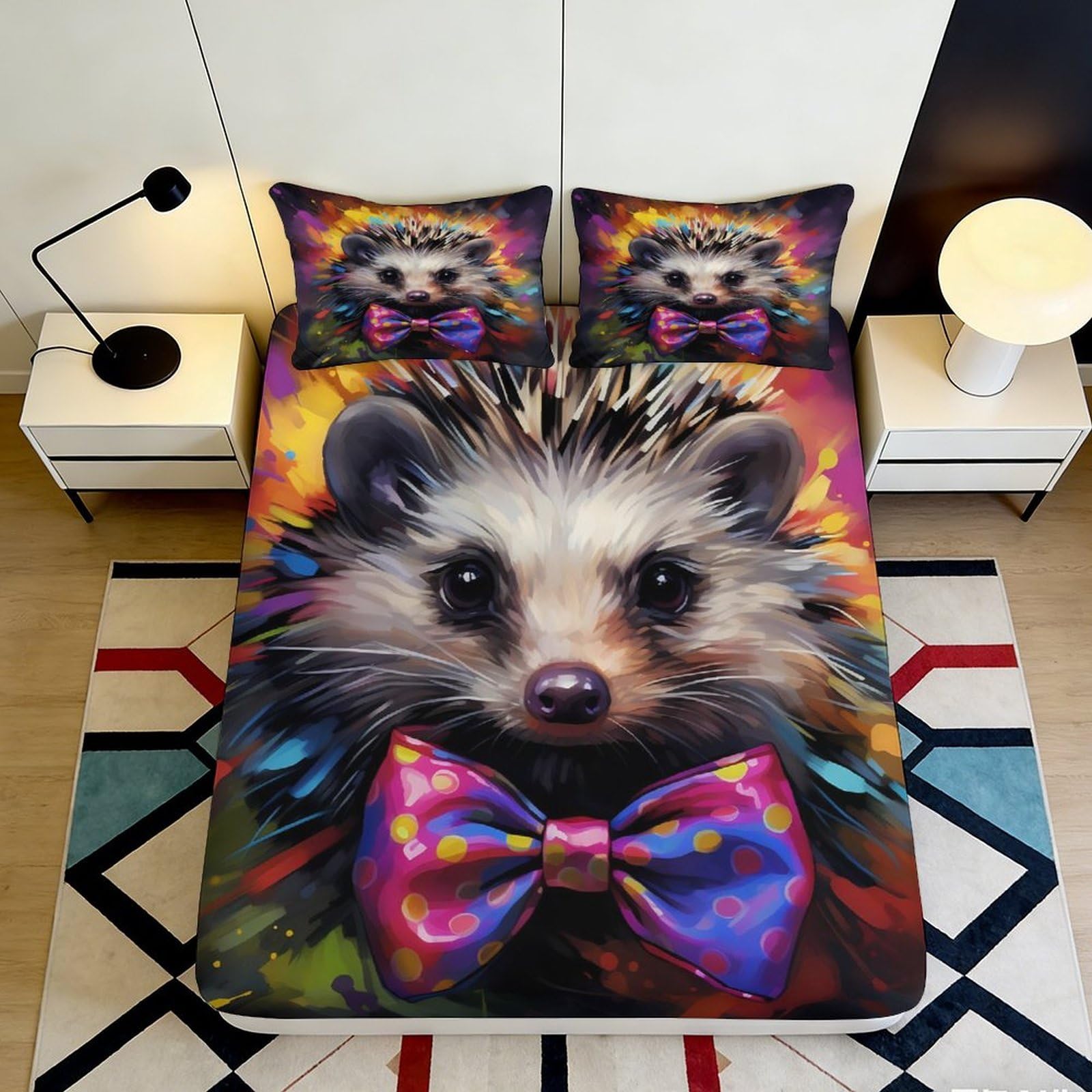 Kzqnxhjprl Style-10 3D Printed Hedgehog Bow Tie Fitted Sheet Microfiber Colorful Animal Bed Cover Non Slip Machine Washable For Bedroom Dorm 90X200x25cm