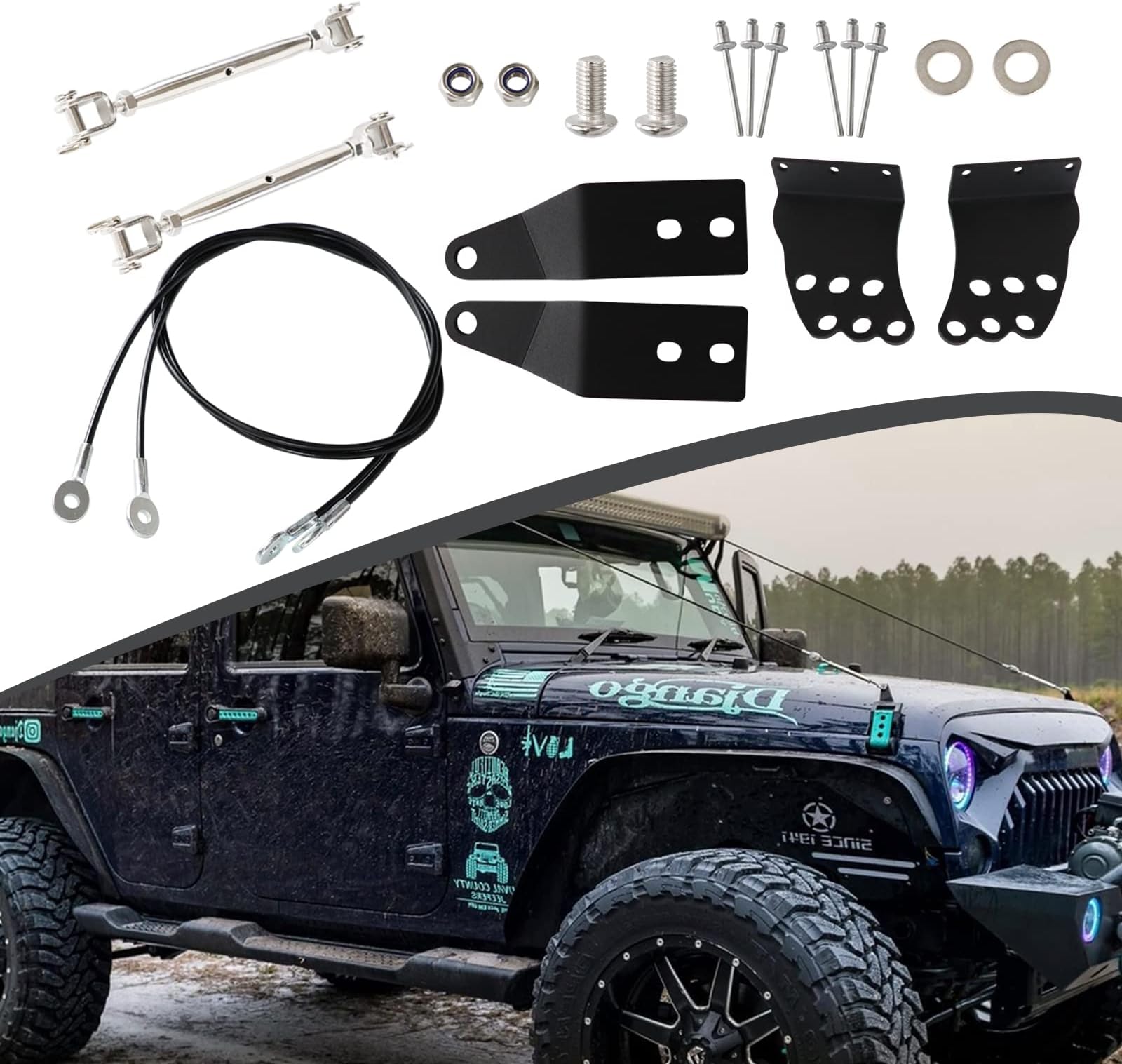 MFC Adjustable Limb Risers Kit Compatible with for Jeep Wrangler TJ JK 1997-2018 Engine Hood Protective Sub-line Branch Bracket Through The Jungle Windshield Protector Obstacle Eliminate Rope