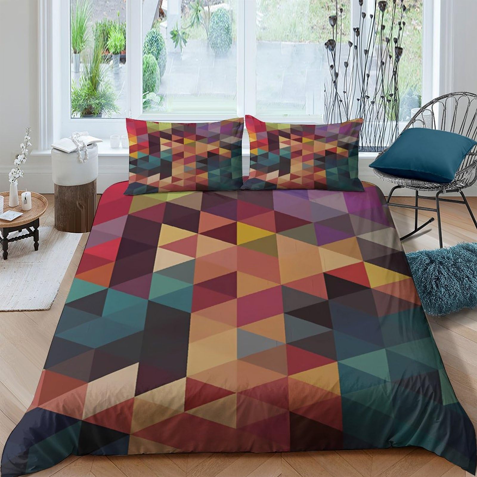 TUFRTGYHN 3D Printed Geometric Colorful Duvet Cover Microfiber Soft Breathable Abstract Triangle Bedding Set with 2 Pillowcases for Bedroom Decor Single（135x200cm）