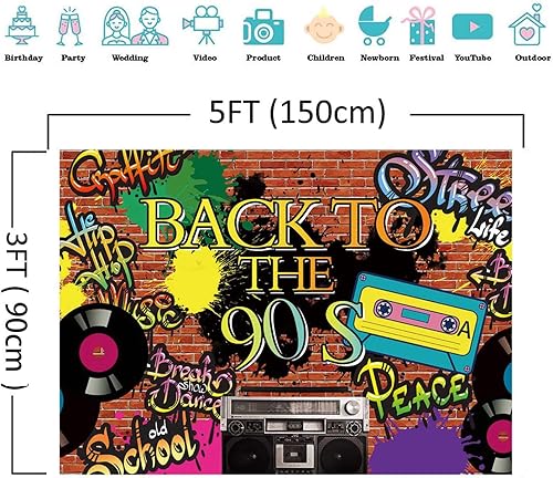 Miniatura 7 de Fondo de fotografía de fiesta temática de los años 90 Hip Hop 90th Graffiti pared de ladrillo Fondo de fotos de vinilo de 5x3 pies Retro Radio Prom