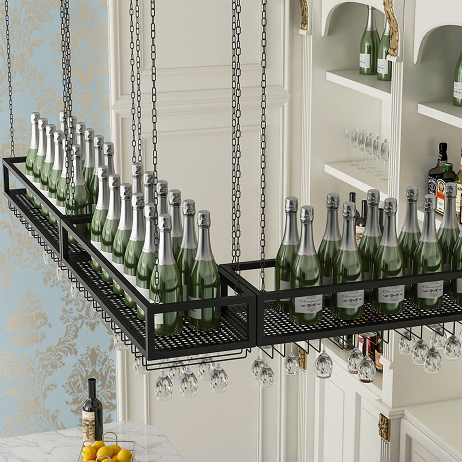 Botellero Colgante de Metal Negro para Bares y restaurantes. Soporte para Copas de Vino y Copas de Techo. Cadena de Hierro Decorativa. Portabotellas (100 x 25 x 20 cm).
