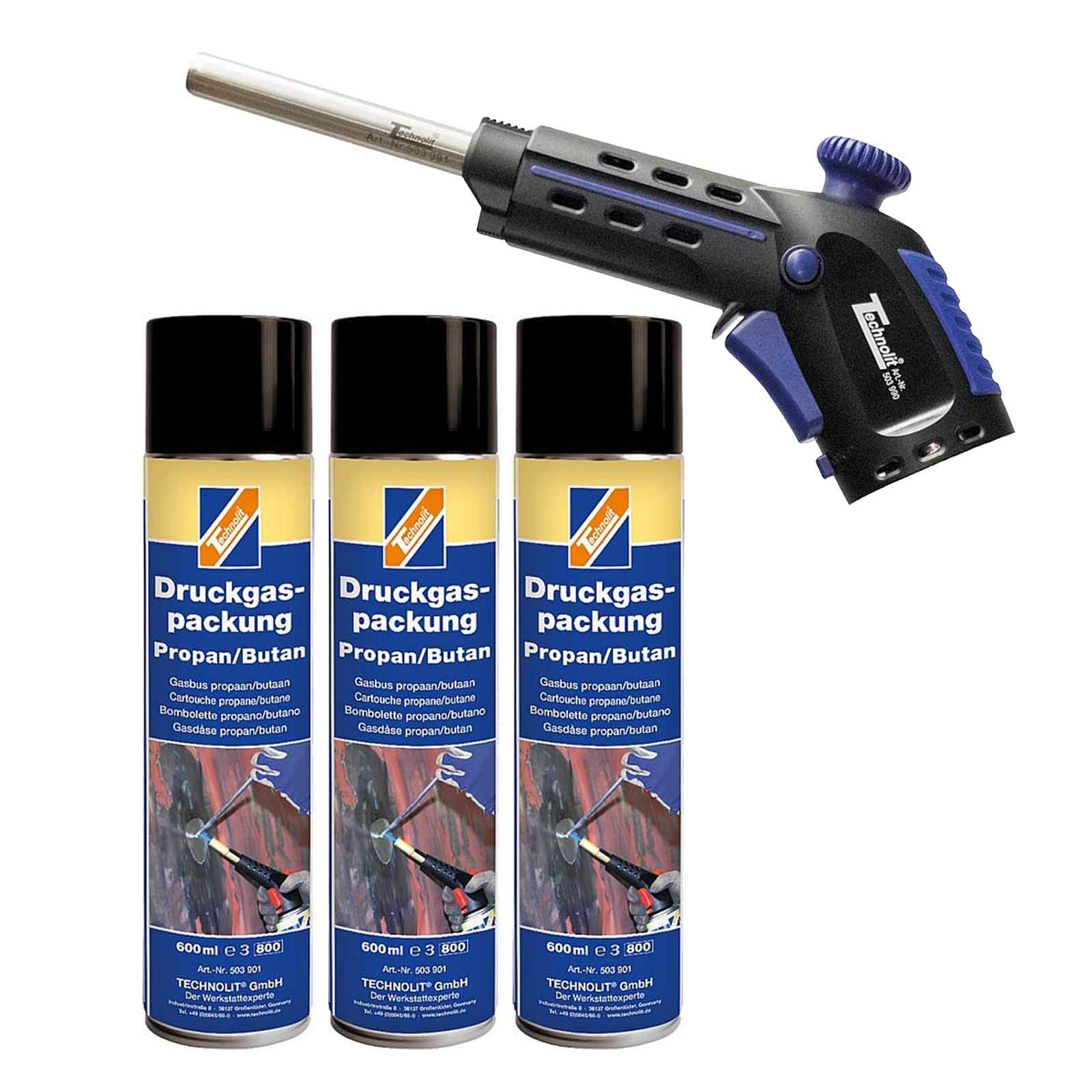TECHNOLIT MULTI Hochleistungslötpistole | Set inkl. 3x 600 ml Gasbrenner | Gaslötpistole zum Hart- & Weichlöten | Piezozündung | Bunsenbrenner für Schrumpfen & Anwärmen | Werkzeugloser Wechsel
