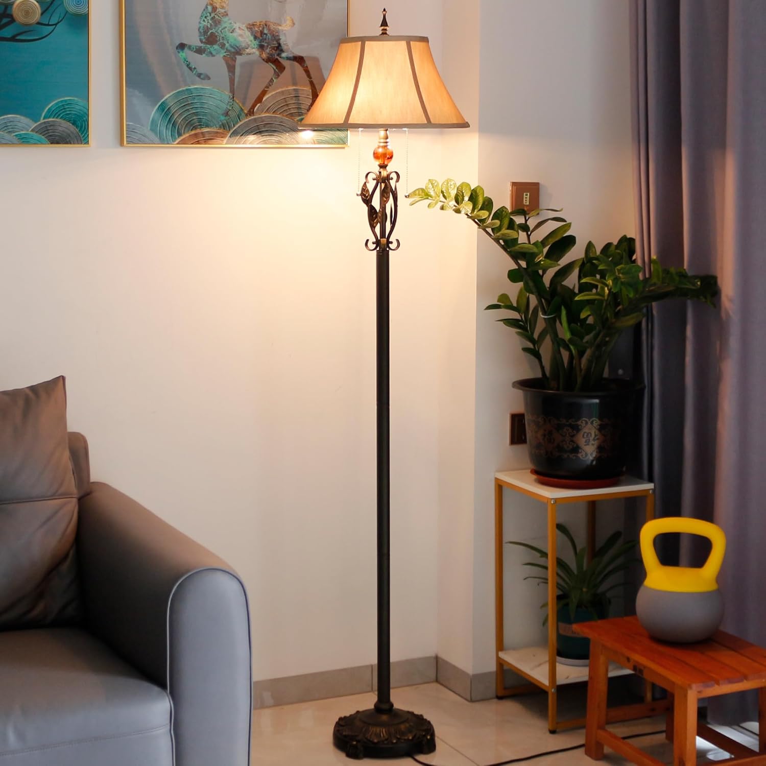 Farmhouse Mid-Century Yellow Fabric Floor Lamp with Metal Leaf Resin Base 70 Inch Height Decor for Office Bedroom Living Room