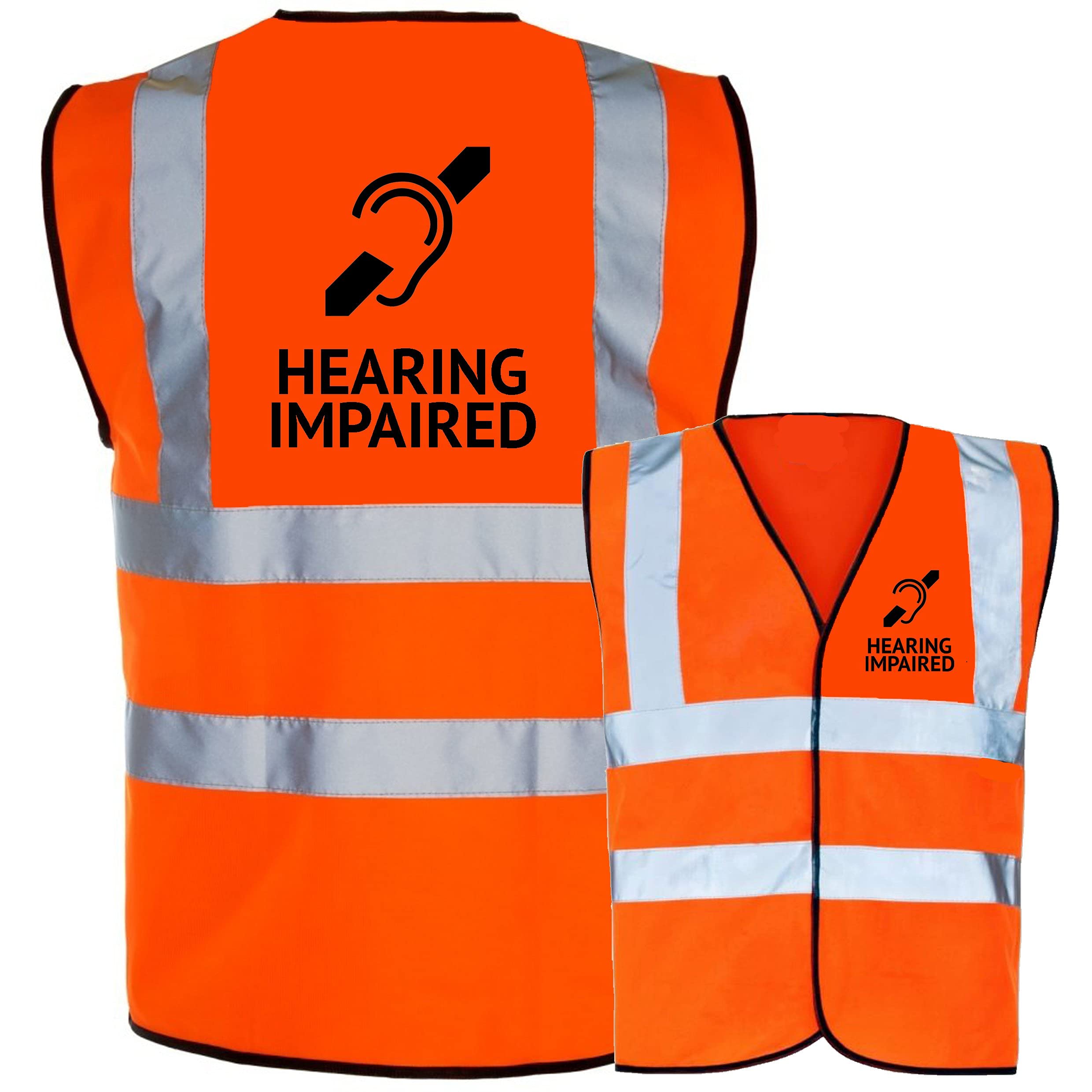 Hearing Impaired printed in black Orange or Yellow Hi Vis/Viz Safety Vest, Waistcoat, Tabard EN ISO 20471 Class 2 supplied by Simply Hi Vis Clothing UK