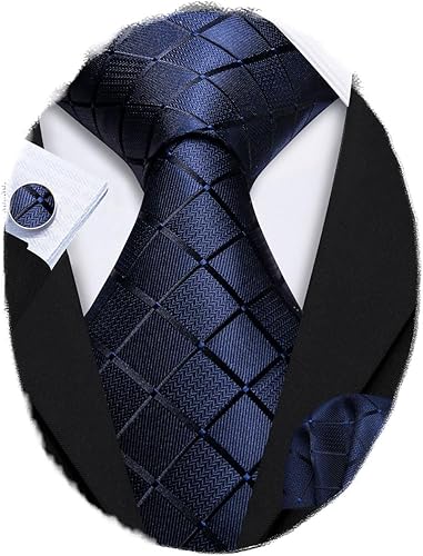 BarryWang Conjunto de corbatas a cuadros para hombre con gemelos de pañuelo a rayas clásicas