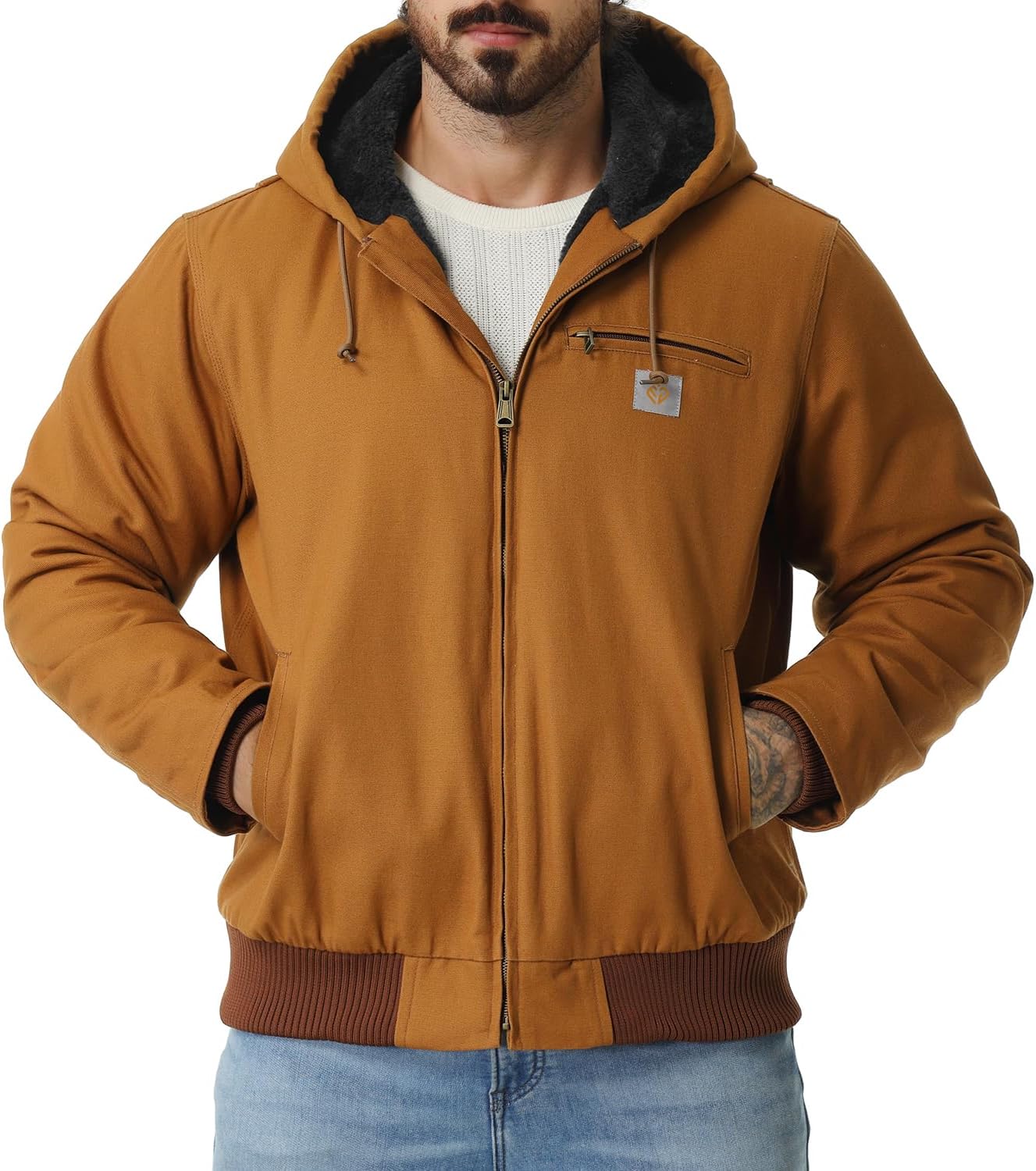 Men's Work Coat Washed Duck Fleece Lined Waterproof Workwear Fit Relaxed Winter Hooded Active Jacket